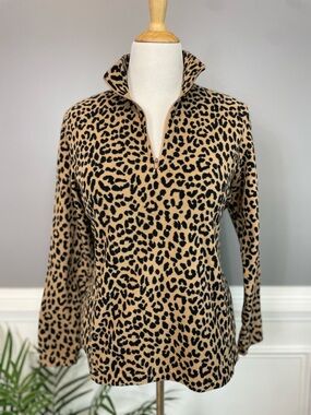 Lands' End Leopard-Print Quarter Zip Pullover - Tan & Black